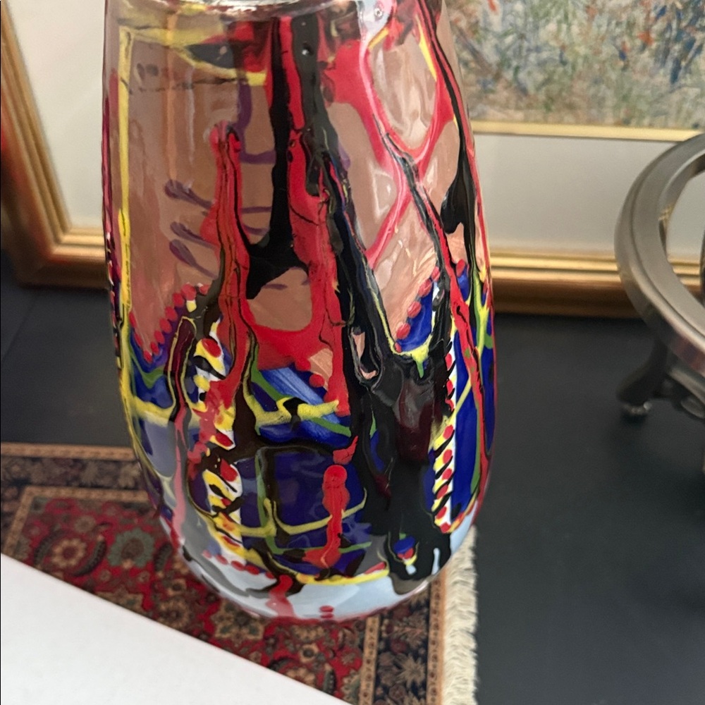 Colorful Abstract Vase with Yellow Rim - Picture 4 of 4